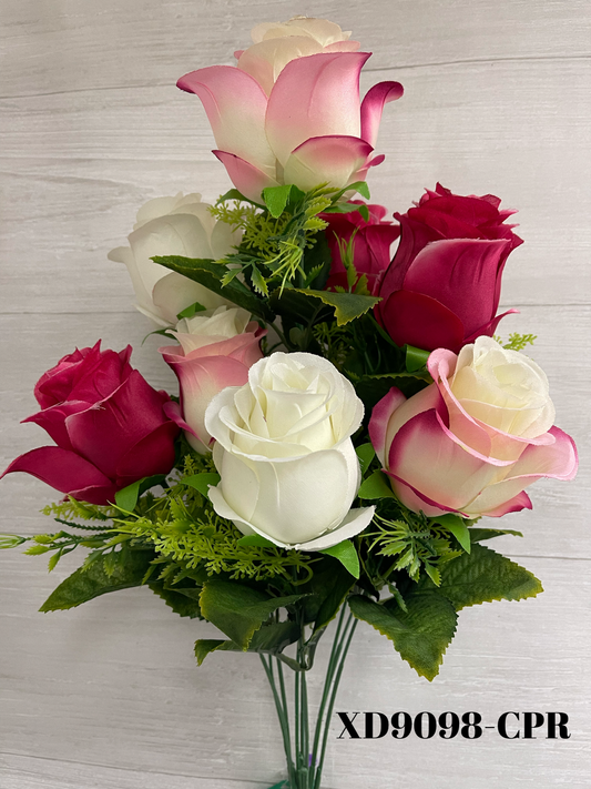 Rose Bud Bush  w/ Greenery x9 - Cream Pink Red