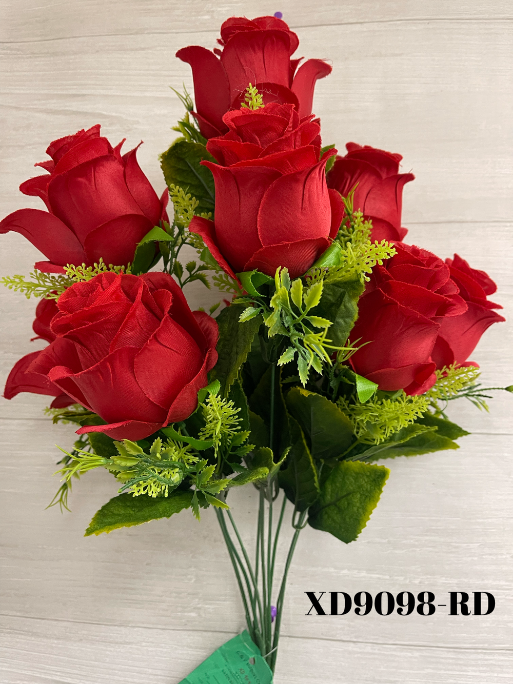 Rose Bud Bush  w/ Greenery x9 - Red