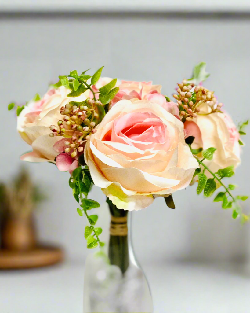 10” Rose/Hydrangea/Berry Bouquet - Pink and Cream