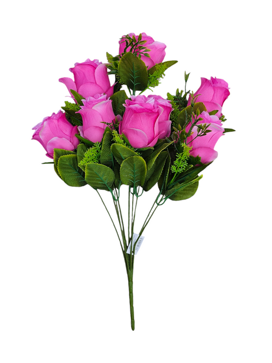 Rose Bud Bush  w/ Greenery x9 - Fuchsia